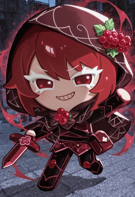 masterpiece,best quality,amazing quality,
colored eyelashes,white eyelashes,red hair,
dark red and black leather armor,raspberry-themed accessories,sneaky pose,solo,full body,urban background with shadows and alleyways,(thief theme:1.1),(fruit theme:1.1),hood with raspberry-patterned trim,dagger with raspberry-shaped hilt,mischievous grin,holding a small pouch of stolen goods and a handful of raspberries,surrounded by an aura of cunning and stealth.,
crk1styl111,<lora:lycoris:1>,(chibi:1.4),