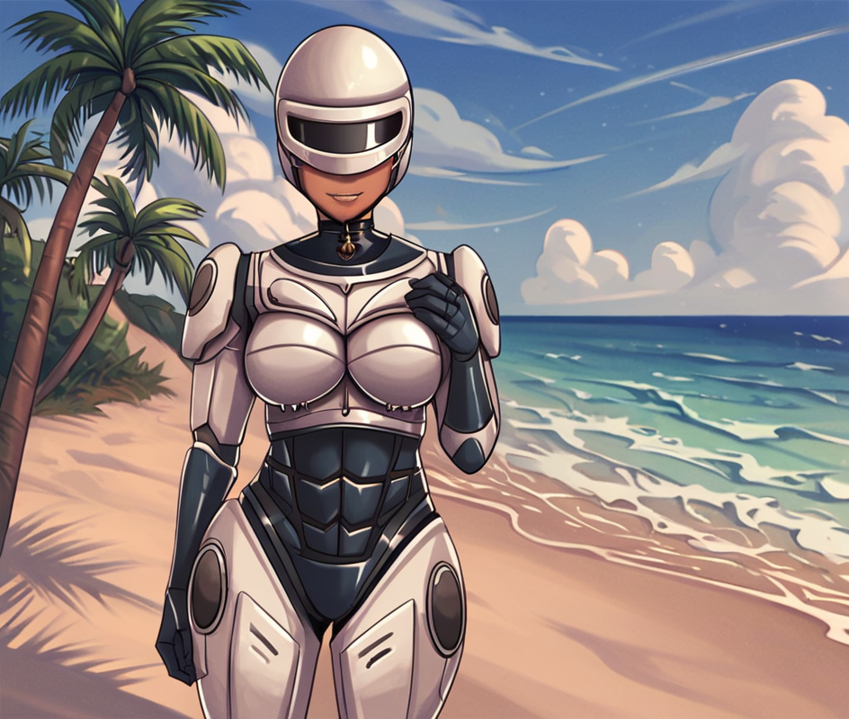 (score_9,score_8_up,score_7_up,score_6_up,score_5_up,score_4_up),high quality,detailled,(beach resort background, sand, detailled background, outdoor, ocean, sky, sunny, palm trees),<lora:easynegative:1>,<lora:Eyes_High_Definition:0.8>,eyeshd,<lora:StS_PonyXL_Detail_Slider_v1.4_iteration_3:0.8>,
BREAK
 <lora:Camilla_LoSeSb:0.8> (1girl, dark skin,  dark-skinned female, camilla, medium breasts),robocop cosplay,