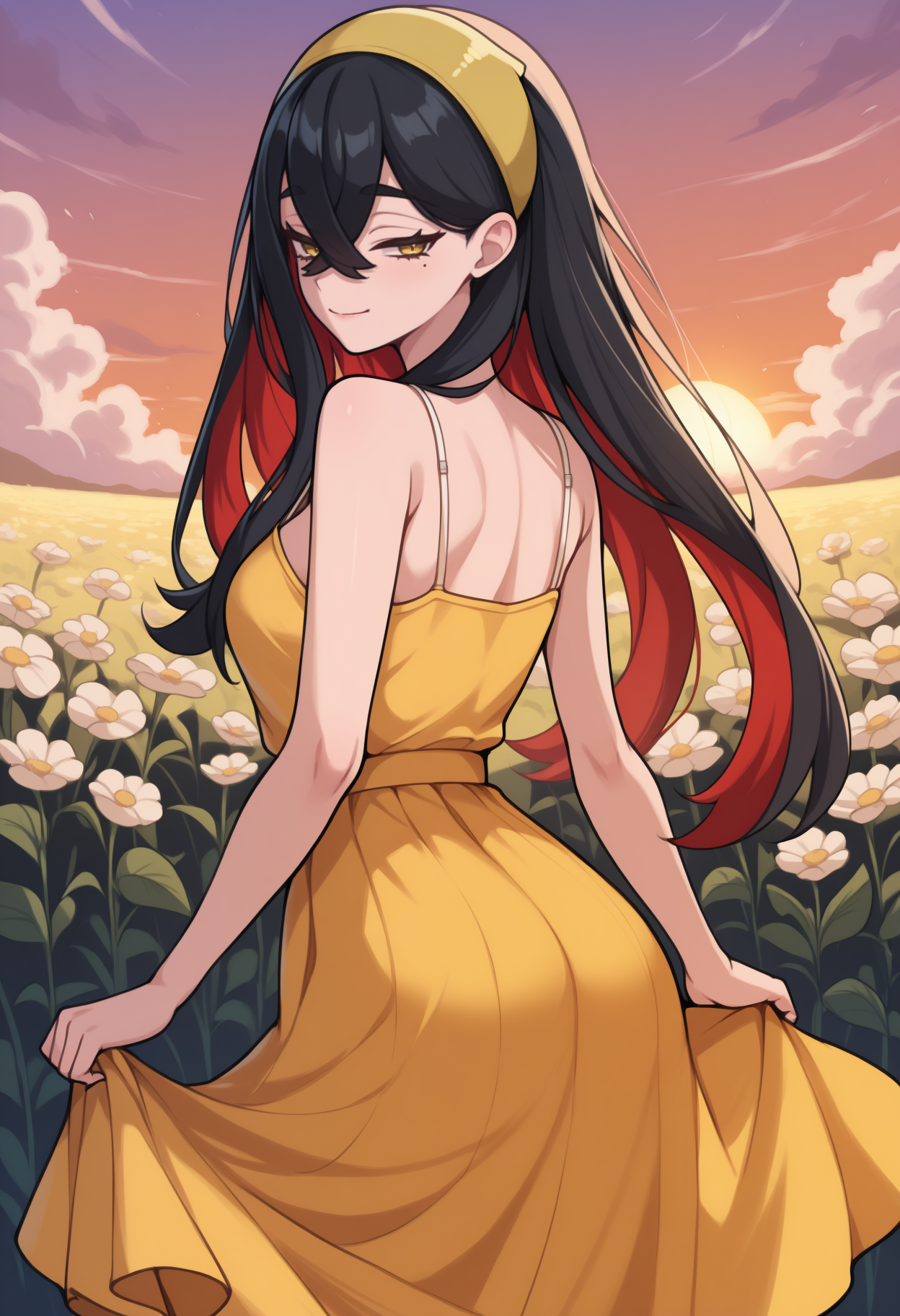 masterpiece, best quality, newest, from behind, solo, 1girl, crmndef, mole under eye, slight smile, looking back, skirt hold, long hair, colored inner hair, black hair, red hair, hair between eyes, crossed bangs, yellow hairband, yellow eyes, yellow sundress, spaghetti strap, bare shoulders, outdoors, sunset, cloud, flower field
<segment:yolo-Anzhc Face seg 640 v2 y8n.pt,0.4,0.5//cid=1>