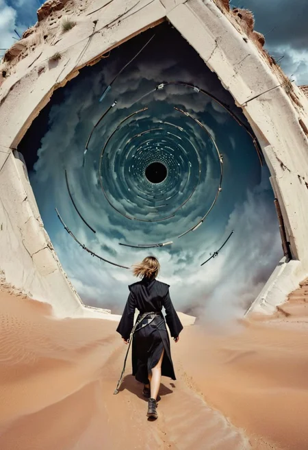 Dutch Angle, Action Shot Closeup Portrait, low key toned, bleaked colors, soft shadows, Color-grain photo of a woman with cyborg face partly destructed and cables wires and screws Walking through a vast desolate desert Landscape with to a giant otclillsn black escher door amidst a pellet storm, thein interiour swirling like a spiral staircase into heaven, veiled in a DARK robe resembling a jedi, very detailed, fluffy cloudy Sky, atmospheric haze, Film grain, cinematic film still, shallow depth of field, highly detailed, high budget, cinemascope, moody, epic,