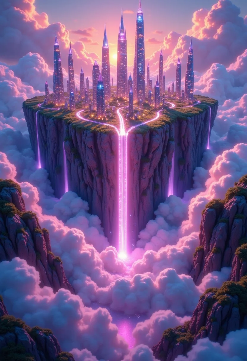 A floating city made of neon lights and skyscrapers, where digital waterfalls of code cascade down into a glowing grid of clouds, pinkenchantedmj