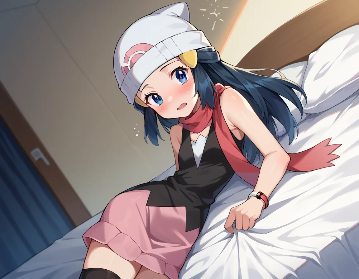 score_9, score_8_up, score_7_up, source_anime,
pokemondawn, <lora:pokemon-dawn-ponyxl-lora-nochekaiser:1>
pokemon dawn, black hair, blue eyes, sidelocks, long hair,
bare shoulders, beanie, black shirt, black socks, bracelet, hat, jewelry, kneehighs, miniskirt, pink skirt, red scarf, scarf, shirt, skirt, sleeveless, sleeveless shirt, white headwear,
indoors, bed, bed room, on side, blush, drunk,
looking at viewer, cowboy shot, dutch angle,