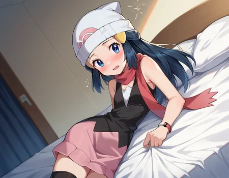 score_9, score_8_up, score_7_up, source_anime,
pokemondawn, <lora:pokemon-dawn-ponyxl-lora-nochekaiser:1>
pokemon dawn, black hair, blue eyes, sidelocks, long hair,
bare shoulders, beanie, black shirt, black socks, bracelet, hat, jewelry, kneehighs, miniskirt, pink skirt, red scarf, scarf, shirt, skirt, sleeveless, sleeveless shirt, white headwear,
indoors, bed, bed room, on side, blush, drunk,
looking at viewer, cowboy shot, dutch angle,