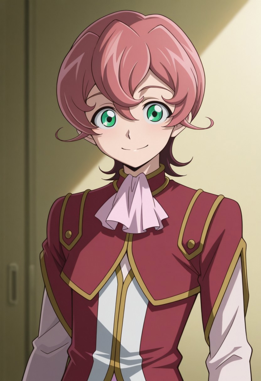 masterpiece,best quality,amazing quality, source_anime, 
MichArclight, 1boy, male focus, solo, green eyes, pink hair, ascot, pink ascot, shirt, pink shirt, jacket, red jacket, short over long sleeves,  smile,