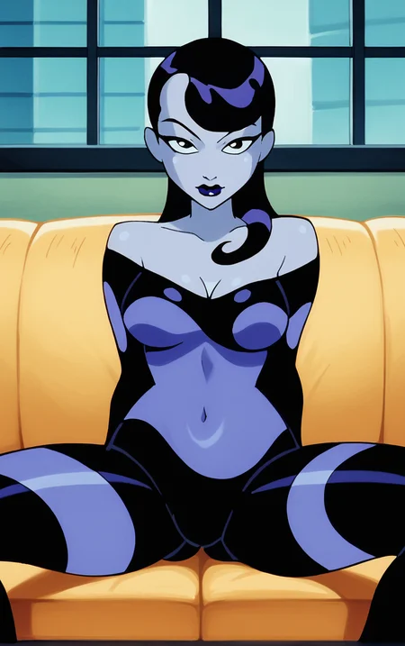 score_9, score_8_up, score_7_up, BREAK
Inque_Human_ownwaifu,
1girl, black eyes, black hair, breasts, long hair, narrow waist, purple hair, purple lips, purple skin, slime girl, two-tone hair, makeup, lipstick, colored skin, multicolored hair, medium breasts, streaked hair, striped,
black bodysuit, multicolored bodysuit, purple bodysuit, skin tight, bodysuit, bare shoulders, long sleeves, cleavage, off shoulder, covered navel,
(sitting, spread legs), arms behind back, couch, window shade, indoors, <lora:PONYXL_DC_BatManBeyond_Inque_ownwaifu:0.95> , depth of field, solo,