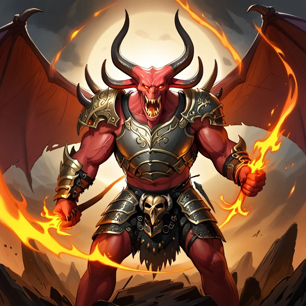 balor, wings, solo, horns, fire, armor, demon, weapon, no humans, red skin, 1boy This image is a highly detailed digital painting of a fantastical, demonic figure. The creature, a demonic warrior, stands in a powerful, dynamic pose, with a menacing expression. Its body is a deep, fiery red, with muscular, imposing physique, and it has a menacing, humanoid form with a mix of human and demonic features. The figure's head is that of a demon, with horns, a snarling mouth, and glowing red eyes. Its arms are muscular and end in sharp, claw-like hands. The creature wears dark, armor-like shoulder pads on its shoulders, adorned with intricate, glowing patterns that match the fiery aura emanating from it. The armor is black with a hint of dark red, enhancing the fiery theme. The creature's wings, large and bat-like, are a darker, more muted brown, partially transparent, and seem to be made of a leathery material. Flames and glowing energy swirl around its body, particularly around its wings and hands, adding to the fiery, demonic appearance. In its right hand, it holds a massive, curved sword with a serrated blade and a handle adorned with skulls, which glows with the same fiery energy as the rest of its body.