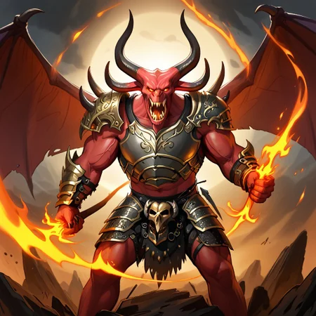 balor, wings, solo, horns, fire, armor, demon, weapon, no humans, red skin, 1boy This image is a highly detailed digital painting of a fantastical, demonic figure. The creature, a demonic warrior, stands in a powerful, dynamic pose, with a menacing expression. Its body is a deep, fiery red, with muscular, imposing physique, and it has a menacing, humanoid form with a mix of human and demonic features. The figure's head is that of a demon, with horns, a snarling mouth, and glowing red eyes.   Its arms are muscular and end in sharp, claw-like hands. The creature wears dark, armor-like shoulder pads on its shoulders, adorned with intricate, glowing patterns that match the fiery aura emanating from it. The armor is black with a hint of dark red, enhancing the fiery theme.  The creature's wings, large and bat-like, are a darker, more muted brown, partially transparent, and seem to be made of a leathery material. Flames and glowing energy swirl around its body, particularly around its wings and hands, adding to the fiery, demonic appearance.  In its right hand, it holds a massive, curved sword with a serrated blade and a handle adorned with skulls, which glows with the same fiery energy as the rest of its body.