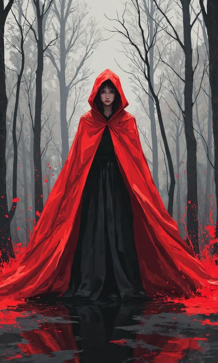 Full shot digital artwork with a comic book style and flat coloring shows a woman appearing from the center of the image, her body is positioned facing away from the camera and her head is also facing away, her body pose is standing upright with a slight forward lean, her face is not visible as it is turned away from the viewer and covered by a hood, her arms are positioned at her sides and are not visible under her cloak, the image is made of bold lines and flat duo colors of red and grayscale, the woman is wearing a long red cloak with a hood that dominates the image, the cloak is voluminous and flows behind her, creating a dynamic and imposing shape that starts from her head and cascades down to the lower part of the image, her face is not visible under the hood and no facial features are discernible, her hairstyle is not visible under the hood and hair color is also not apparent, she is wearing a long black dress underneath the cloak, only a glimpse of the black dress is visible underneath the voluminous red cloak, no accessories are visible, the background is a grayscale forest depicted in varying shades of gray and black, creating a dark and ominous atmosphere, the forest is composed of tall, slender trees with bare branches reaching upwards, creating a dense and imposing structure that surrounds the woman, the ground is also grayscale and appears to be a dark, reflective surface, possibly water or wet ground, bright red splashes are scattered throughout the image, concentrated around the lower part of the forest and reflected in the ground, adding stark contrast and a sense of drama to the scene, diffused lighting illuminates the scene evenly, casting minimal shadows that maintain the flat and graphic style, enhancing the stark contrast between the red cloak and the grayscale forest., <lora:FLUX-daubrez-DB4RZ-v2:0.35> DB4RZ, DB4RZ style painting
<lora:aidmaMJ6.1_v0.5_3:0.35> aidmamj6.1, aidmamj6
 <lora:samdoesarts:0.4>