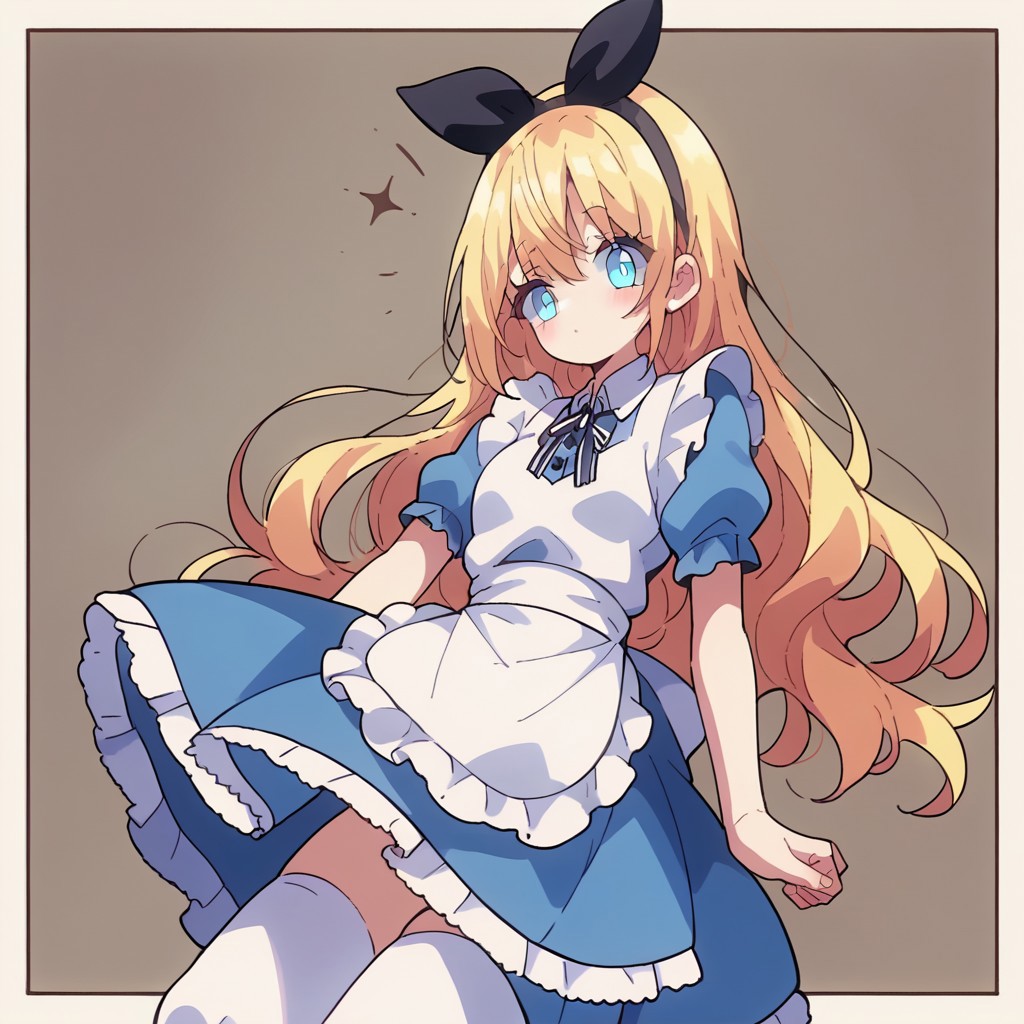 score_9, score_8_up, score_7_up, source_anime, ((masterpiece, best quality)), cute doodle, alice, blue dress, maid apron, puffy short sleeves, black ribbon, white legwear, black hairband, @ @, abstract