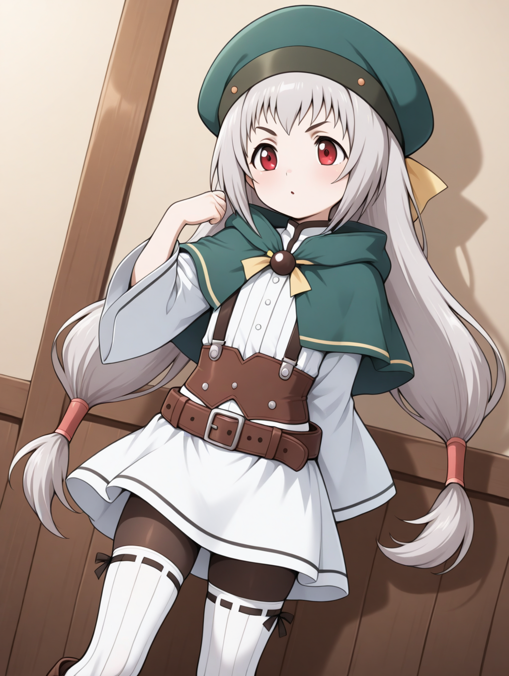 perfect quality,best quality,absolutely eye-catching,ambient occlusion,raytracing BREAK
1girl,<lora:rumina IL v1.2:0.8>,rumina,grey hair,low-tied long hair,twintails,green hat,red eyes,green capelet,white dress,wide sleeves,belt,pantyhose,(vertical stripes white thighhighs:1.2),boots,suspenders,brown corset,suspenders,ribbon-trimmed thighhighs,, dutch angle