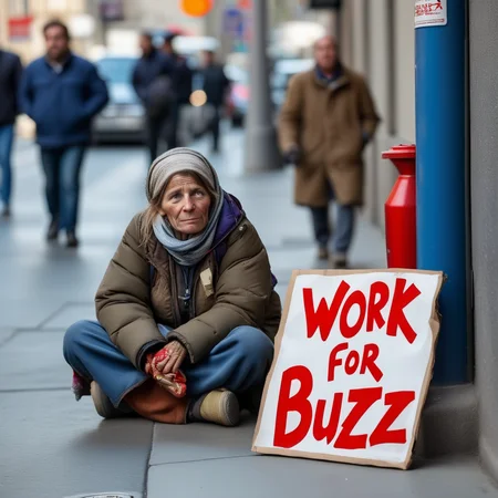 buzz, a female beggar on the street next to a sign with text "work for buzz" <lora:buzz-text:.8>