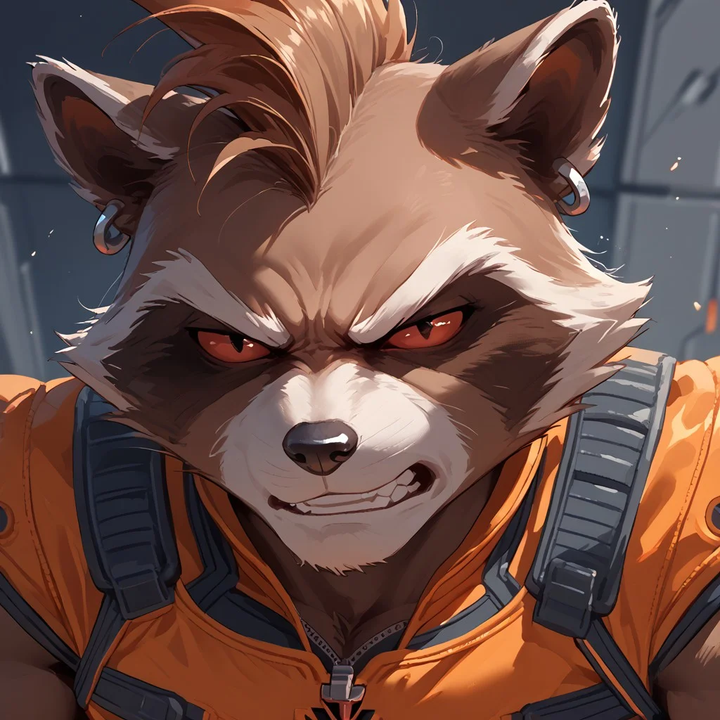 Score_9, score_8_up, score_7_up, score_6_up, 1boy, solo, Rocket Raccoon, bara, red eyes, colored sclera, orange suit, close up, Mohawk, earring, angry, expressiveh, 