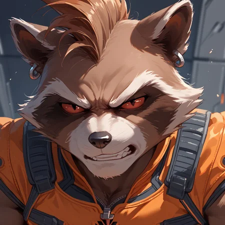 Score_9, score_8_up, score_7_up, score_6_up, 1boy, solo, Rocket Raccoon, bara, red eyes, colored sclera, orange suit, close up, Mohawk, earring, angry, expressiveh,