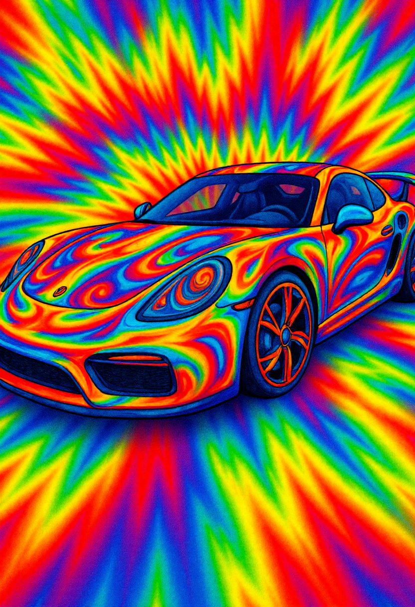 <lora:Tie_Dye_Style_FLUX-000015:0.9> 
This is a vibrant, psychedelic digital drawing of a sports car in a swirling pattern reminiscent of tie-dye artwork.