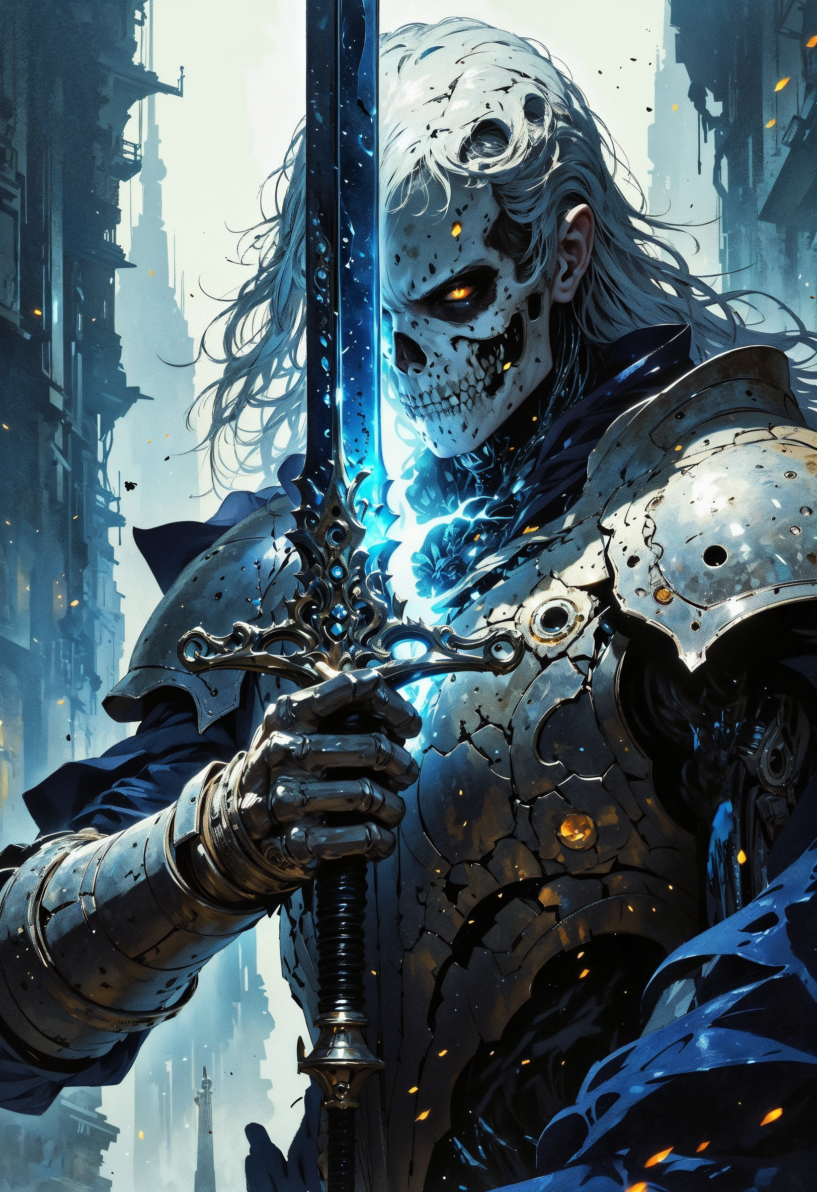 (in Krenz Cushart style:1.2), high-quality, masterpiece, A ghostly swordswoman, her face partially illuminated by the blade of her cracked sword, The camera focuses tightly on her eyes burning with a fierce ghostly light as she prepares to strike, Her breath fogs in the cold air, the faint glow of her skeletal hand grips the sword hilt with fractured armor trailing mist, The blurred battlefield behind her hints at fallen enemies and rising spirits, high contrast, dramatic close-up, motion blur, eerie glow, (elaborate fine details:1.1), (elaborately detailed attire with extraordinary elements:1.1), (hyperdetailed:1.1), (intricate details:1.0), (Refined details:1.1), (best quality:1.1), (high resolution:1.2)