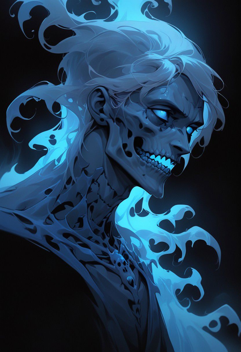 digital art by charlie bowater, male focus, lich, skeletal, blue fire, ice fog, face focus, foreshsortening, hair flowing over, black background, head tilt