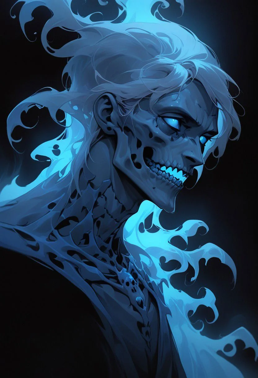 digital art by charlie bowater, male focus, lich, skeletal, blue fire, ice fog, face focus, foreshsortening, hair flowing over, black background, head tilt