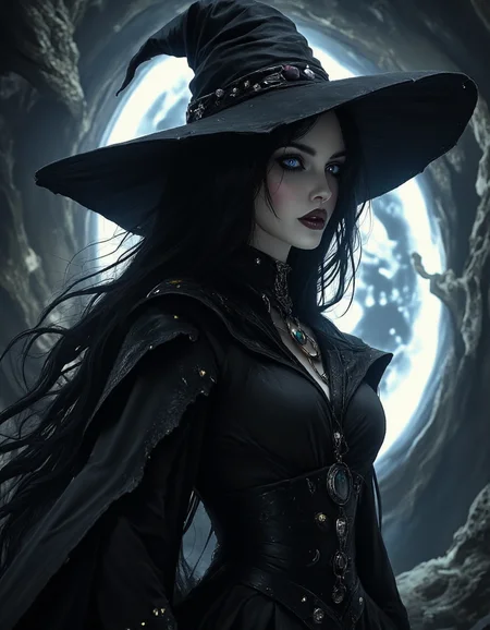 A beautiful woman with long black hair that comes to her waist. She has blue eyes. She wears a witch's peaked hat. She is pale complected.  She wears a black dress that has a high collar and covers her arms. Behind her is a swirling portal showing an eerie light.  <lora:DnDDarkestFantasy:1> <lora:lora:1> <lora:add_detail:1> <lora:Darkness:1> <lora:PerfectEyesXL:1> <lora:aidmaHyperRealismV0.2:1>