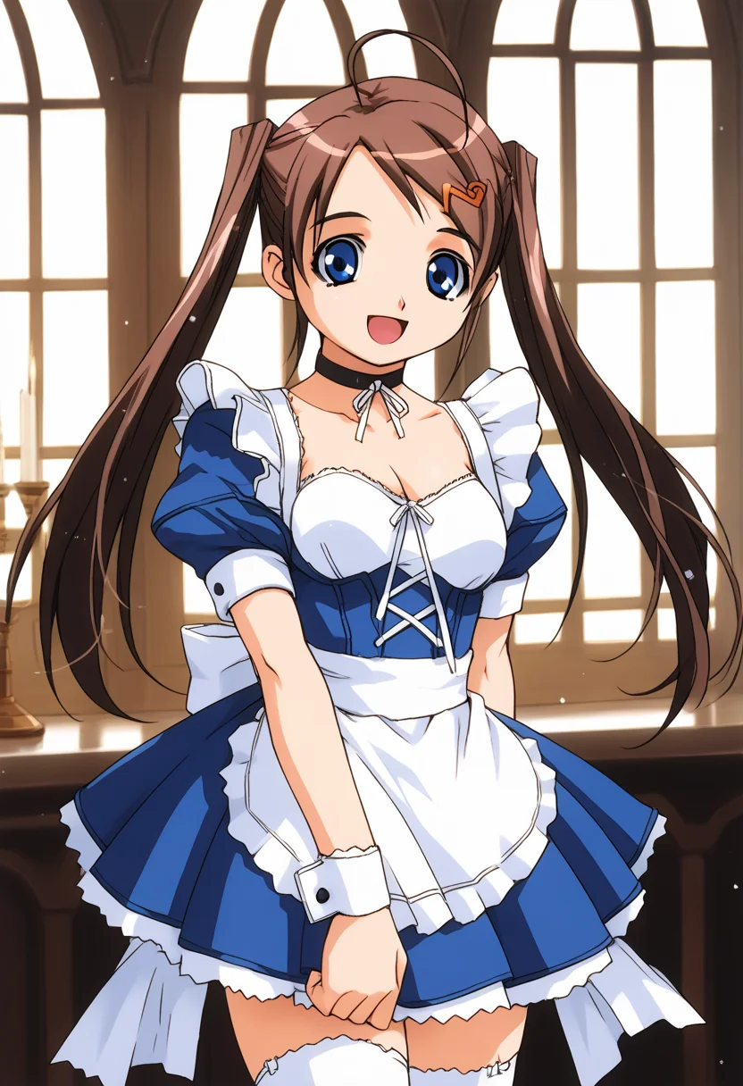 score_9, score_8_up, score_7_up, source_anime BREAK 1girl, solo, <lora:gravion_runa_2:1>, gravion_runa, cowboy shot, 1990s\(style)\, cosplay maid, light blue sleeves, light blue skirt, puffy short sleeves, black choker, mini skirt, thighhighs, medium breasts, busty, brown hair, swept bangs, hairclip, ahoge, twintails, sidelocks, (very long hair:0.8), make up, blue eyes, looking at viewer, smile, open mouth, castle, indoors, <lora:cnv3mdde878c738thn20:0.8>