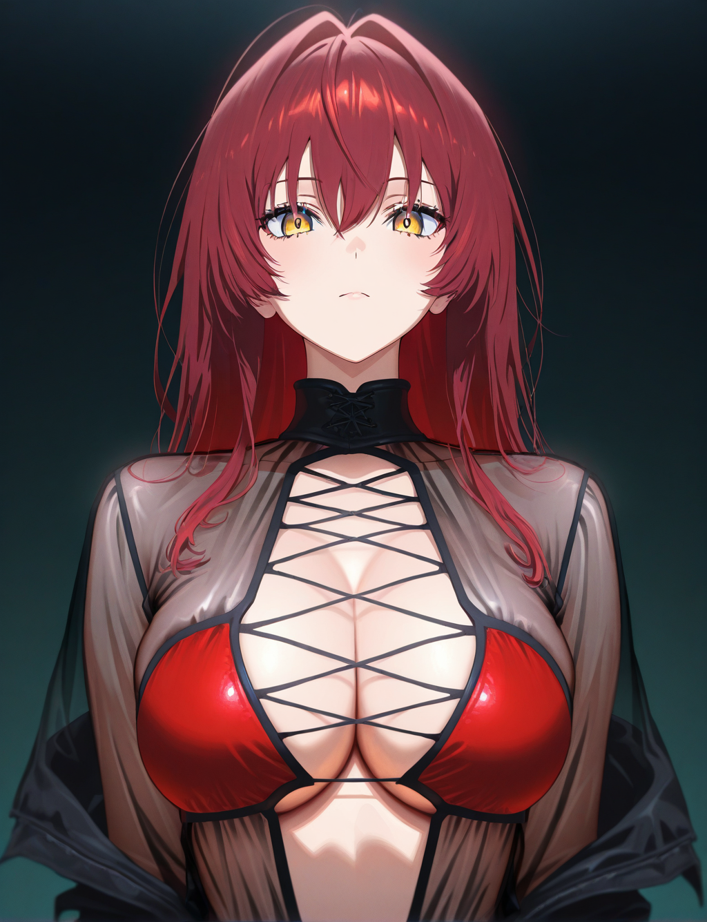 masterpiece,best quality,higres illustration,detailed face,1girl,solo,upper body,<lora:Lace_up_f_IL:1>,center opening,see-through shirt,bikini,red hair