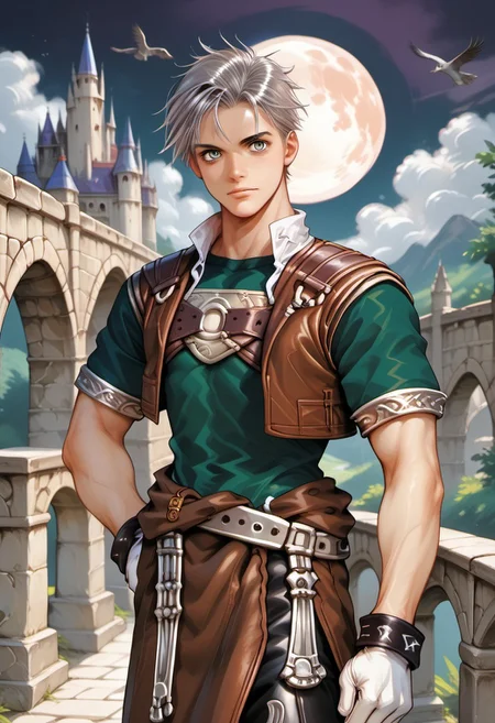 score_9, score_8_up, score_7_up, source_anime, Nathan standing with a single large hawk flying behind him, natgra2, gray eyes, short hair, silver hair, steel greaves, plated footwear, brown skirt, black pants, green shirt, brown leather vest, silver belts, white gloves, silver chest plate, looking at viewer, (((hawk))), csdb, castle background, stone bridge, bright moon, night, (((large hawk))),