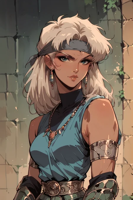 Score_9, Score_8_up, Score_7_up, Score_6_up, asthtc, retro art style, 1girl, grey headband, looking at viewer, sleeveless, blue shirt, vambraces, deep shadow, <lora:Retro_ASTHTC_Style:1>