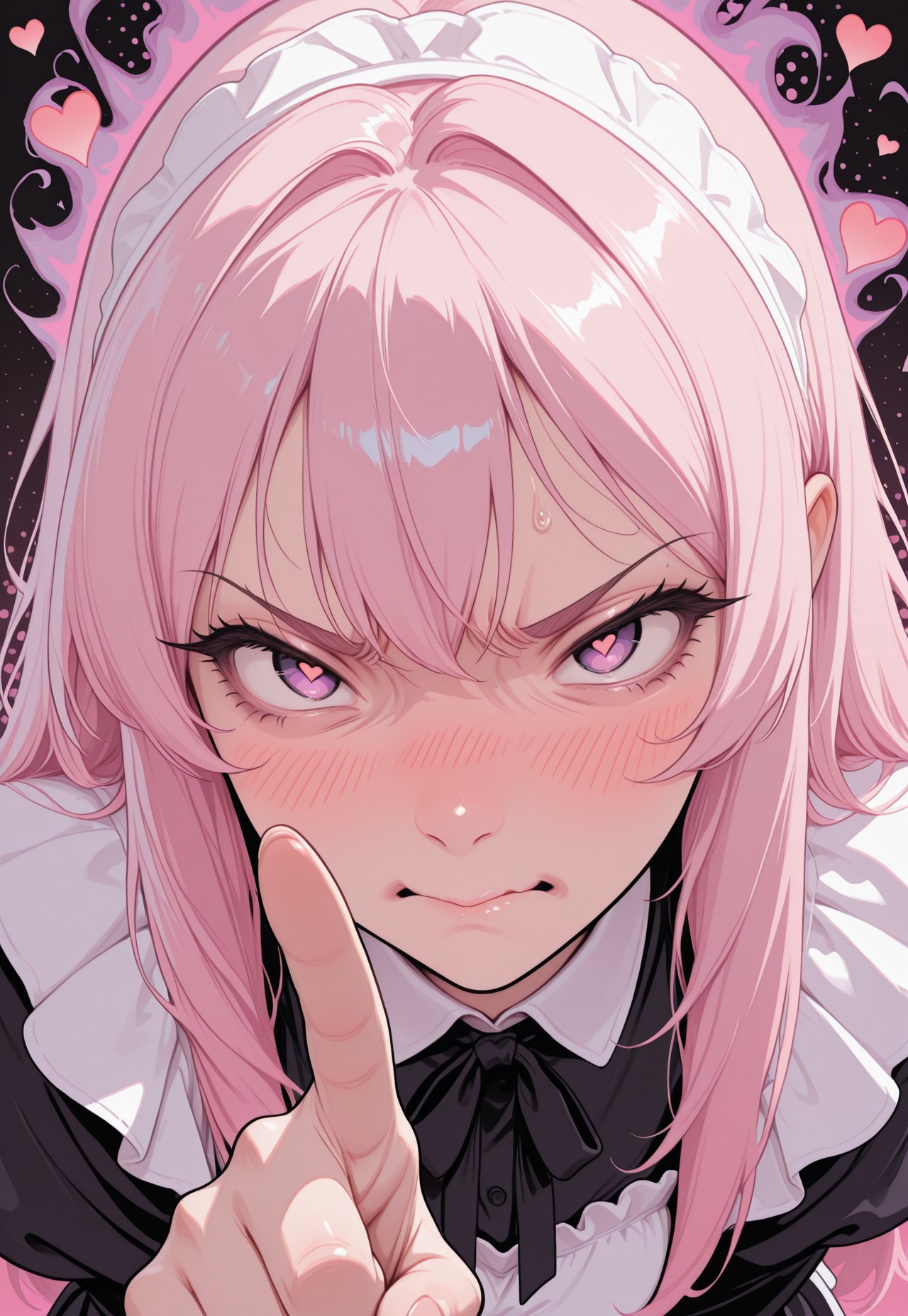 masterpiece, high_quality, highres, flat_colors, gradient, 
long_lashes, blush, looking_at_viewer, dynamic_angle, cinematic, outburst of anger, hearts, halftone_background, pink_background, black_background, ethereal_aura, eyebrow_raise, pointing_on_viewer