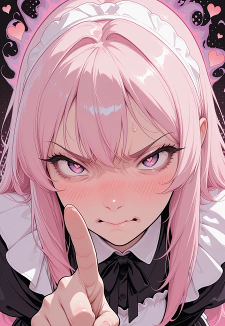 masterpiece, high_quality, highres, flat_colors, gradient, 
long_lashes, blush, looking_at_viewer, dynamic_angle, cinematic, outburst of anger, hearts, halftone_background, pink_background, black_background, ethereal_aura, eyebrow_raise, pointing_on_viewer
