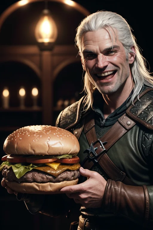 Geralt serving a giant hamburger, ((laughing)), cinematic lighting, film grain
