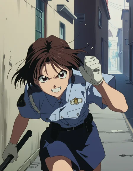 score_9, score_8_up, score_7_up, <lora:miyuki-natsumi-movie-ponyxl:0.8> 1girl, solo, tsujimoto natsumi, short hair, brown hair, police uniform, skirt, white gloves, close-up, grin, baton \(weapon\), swinging, attack, alley