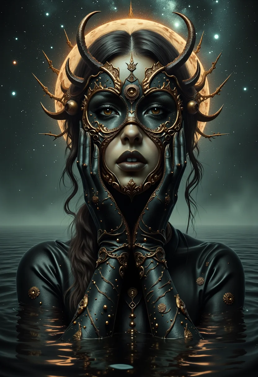 yfg-sm0rg Photorealistic a woman dark! intricate, elegant, highly detailed, concept art, portrait as the manifestation of the moon, in her arms hides her face with a mask of the Subject: A Galleon inspired by Sandro Botticelli gothic surrealism and Caravaggio's dramatic light. Style: Photorealistic. Details: A 17th century Spanish Galleon made of clear water cruises trough the void of intergalactic space, the Galleon see trough waters made easy to appreciate stars and galaxies behind, In the background of the piece a aurora boreal can be seen. The piece looks 17th paint that evokes madness, contrast and unworldliness. Composition: 8K HDR, Depth of Field, Action Scene, Natural Lighting, centered-shot, 22 Megapixels, shot on IMAX 70mm, detailed, elegant, perfection, shimmering, with a perspective that dramatizes the black hole's gravitational pull.Render: The scene merges the haunting beauty of the artistic depth of Beksinski and Caravaggio, creating a captivating Purgatory, high-resolution image that invites viewers to ponder the hope and mercy