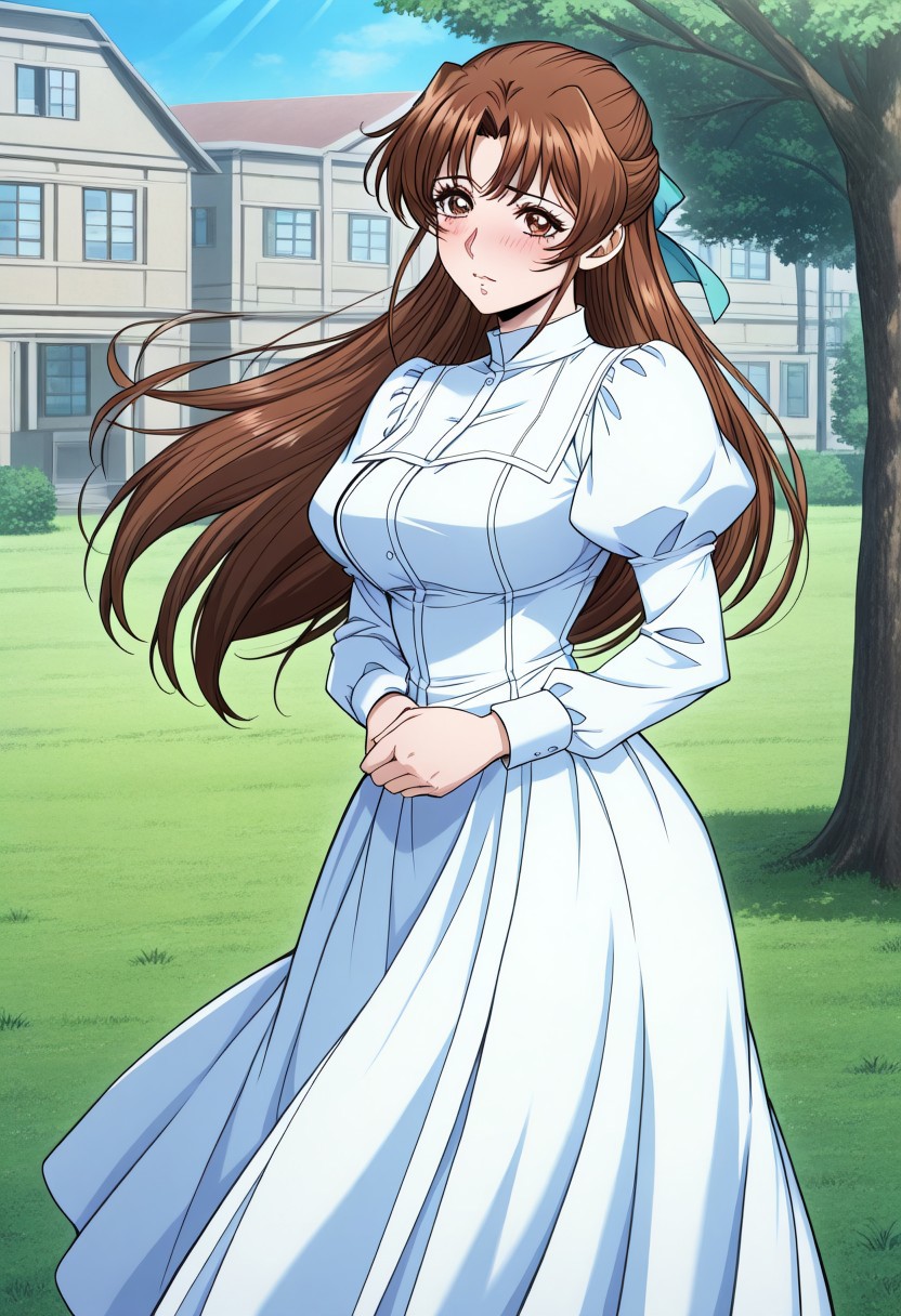 masterpiece, best quality, newest, highres, uncensored, 1girl, yokota mamoru style,1girl, slender face，motion lines,blush
Shiria,Brown Hair,Brown Eyes，long hair，
1girl, solo, tree, long hair, dress, grass,building, standing, long sleeves, outdoors, white dress, puffy sleeves,distance view,from side