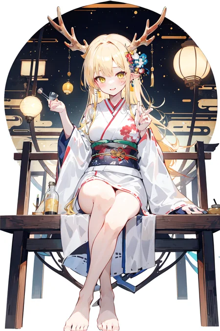 -dragon girl, 1girl, blonde hair, long hair, solo, horns, very long hair, sitting, yellow eyes, chair, forehead mark, facial mark, cup, lantern, looking at viewer, holding, white background, japanese clothes, kimono, smile, simple background, barefoot, holding cup, bottle, tokkuri, wide sleeves, blush, antlers, alcohol<lora:dragon girl_20240110103648-000018:0.8>,