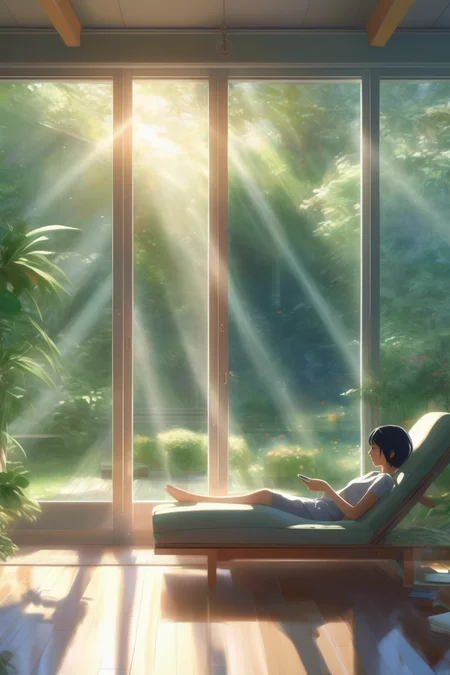 <lora:Makoto Shinkai Style:1>Makoto Shinkai Style - Create a digital rendering of a person reclining on a comfortable chaise lounge in a sunroom, with floor-to-ceiling windows that provide a view of a lush garden, allowing natural light to bathe the room and create a tranquil ambiance, by Makoto Shinkai.