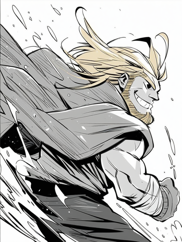 score_9, score_8_up, score_7_up, score_6_up, warrior, muscular male, winter clothes, big beard, cool, from side, epic pose, muscular, evil smile, splash art, blonde hair, viking, pants, looking at viewer, cowboy shot, dynamic pose, smile, cute, wide shot, solo, dutch angle, 
<lora:INKtoonXLP_Style:1> InkToon, monochrome, black eyes, simple white  background, cute, sketch, thin line, cartoon, splash art, concept art