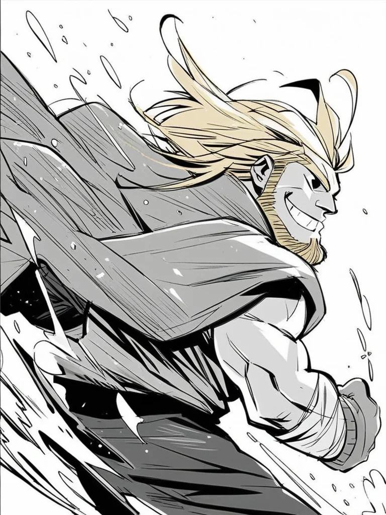 score_9, score_8_up, score_7_up, score_6_up, warrior, muscular male, winter clothes, big beard, cool, from side, epic pose, muscular, evil smile, splash art, blonde hair, viking, pants, looking at viewer, cowboy shot, dynamic pose, smile, cute, wide shot, solo, dutch angle, 
<lora:INKtoonXLP_Style:1> InkToon, monochrome, black eyes, simple white  background, cute, sketch, thin line, cartoon, splash art, concept art