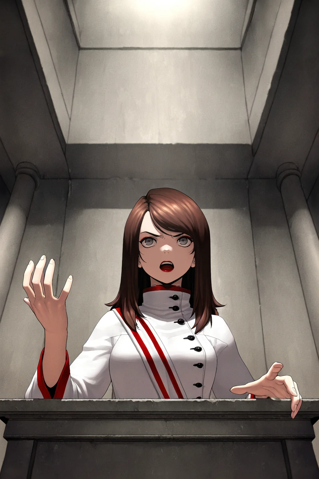 masterpiece, best quality, amazing quality, very aesthetic, absurdres, newest, SMTHEROI, 1girl, solo, medium hair, long hair, straight hair, brown hair, grey eyes, red lipstick, long white robe, upper body, bunker background, podium, from below, open mouth, raising hand, open palm, serious