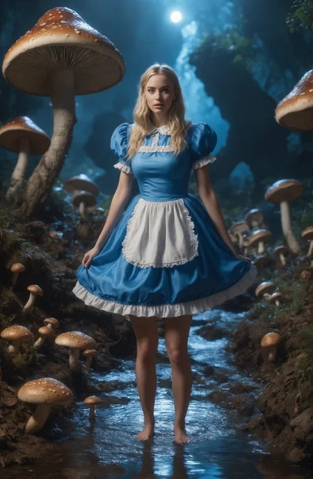 Adult Alice in wonderland standing in stream while lifting blue dress revealing thighs, large mushrooms in background , highly detailed, Beautiful lighting, photoreal, 4k, depth of field, night scene, light from godrays shining on ground