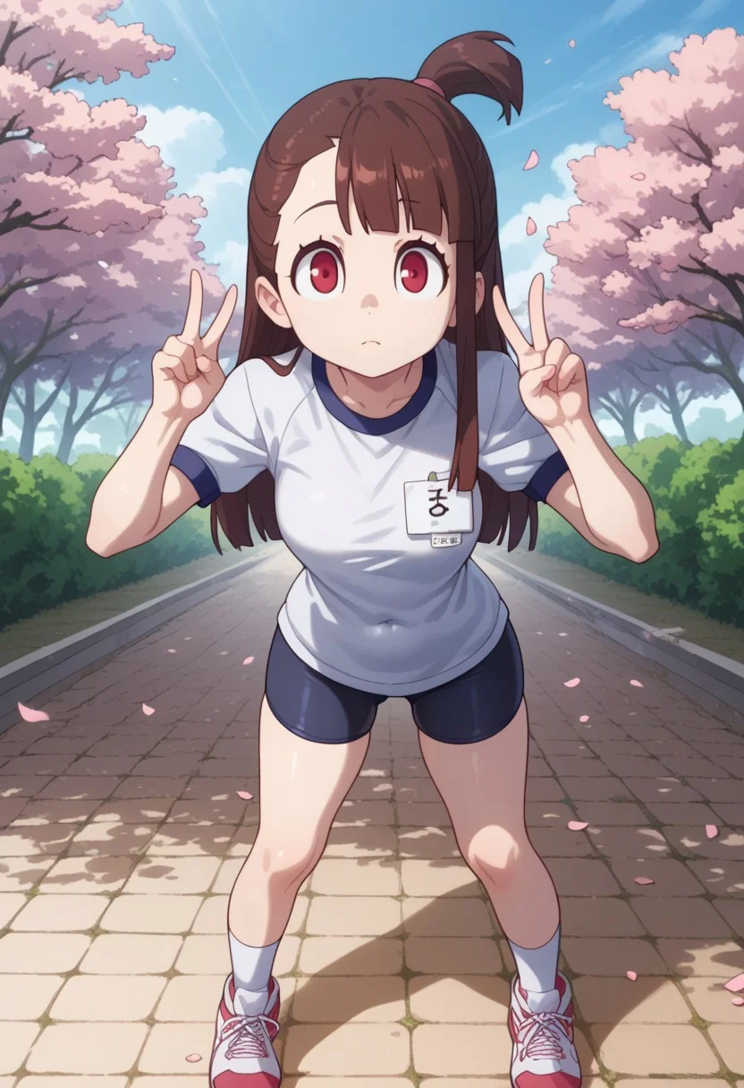 score_9,score_8_up,score_7_up,score_6_up,score_5_up,score_4_up, source anime, 1 girl, solo, 
best lighting, cg coloring, soft lighting, soft shading, detailed eyes, 
detailed face, beautiful face, (detailed eyes, deep eyes), 
<lora:Little_Witch_Academia-Atsuko_Kagari-PDXL:0.8>, Atsuko Kagari, 
(slender, slim), shiny skin, cute, thin waist, navel, 
gym uniform, gym shirt name tag, bike shorts, white socks, sneakers, 
perfect breast, medium breast, full body, 
thick thighs,  
outdoors, park, cherry blossoms,
cowboy shot, standing, looking at viewer, leaning forward, double v,