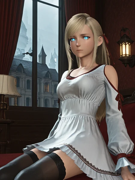 <lora:ST_FFVIIRB_0R:1.2>, ffviirb, 3d, realistic, photograph, photorealistic
<lora:Minfilia_0R:0.8>, minfiliaffxiv
blue eyes, bright pupils, glowing eyes, blonde hair, long hair, swept bangs, single sidelock, hair ribbon, red ribbon, medium breasts
white dress, shoulder cutout, long sleeves, white skirt, black thighhighs
<lora:CC_Aesthetic_Masterpiece_1:1>, masterpiece, best quality, amazing quality, very aesthetic, absurdres, detailed background, volumetric lighting, ray-tracing
1girl, looking at viewer, dynamic pose, sitting
(indoors, fantasy, city, mansion, luxurious mansion, wallpaper, curtains, window, lamp, lantern, final fantasy vii rebirth background)