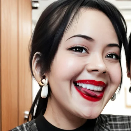 tongue out, black hair, wearing plaid shirt and earrings, grin, portrait, greyscale, wearing black shirt, half red half white wall in background with wood door at the side, white blurry background, wearing cyan sleeveless shirt, black eyes, close-sup of face, lipstick, hair tied up, white backdrop, upper body shot