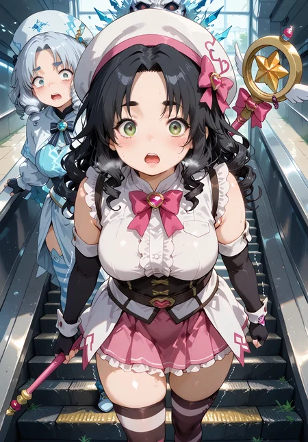 IllusP0s, PonyScores7, source_anime, ah1, IllustriousQual, interesting, exciting, spectacular, wonderful, 
BREAK <lora:xl_more_art-full_v1:0.2>, <lora:aesthetic_anime_v1s:0.2>, <lora:EpicF4nta5yXL:0.2>, <lora:detailxl:0.2>, detailxl, <lora:Fant5yP0ny:0.2>, amazing quality, best aesthetic, absurdres, illustration, Volumetric_Lighting, ultra-detailed, very aesthetic, intricate details, best_quality, <lora:Anime_Aesthetic_Wallpaper_StyleIllustriousXL:0.4>, aniwall,
BREAK ((taking escalator,putting hand on handrail)),
BREAK Stable_Yogis_PDXL_Positives, AS-Adult, <lora:Complicated fantasy portrait - XL Pony V2.0:0.2>, bad-hands-5, <lora:HDA_Detailer:0.3>, <lora:natsumi_style:0.5>, <lora:by_usakun-pony:0.4>, by usakun, <lora:Akina_Bbw_Style_-_PonyXL:0.2>, AkinBw, ((Ground level, (from back), medium distance from viewer)),
BREAK 1girl, mature female, (curvy), round-chin, caucasian, <lora:ETO_OC_Illustrius:0.5>, eto_oc, skindentation, (plump), thick thighs, wide hips, busty, voluptuous, <lora:venus body PonyXL:0.3>, <lora:shinyskin2:0.2>, glistening skin, HDA_FatGirlXL, round ass, large breasts,
BREAK ((<lora:Magical_Girl_Outfit_HDXD_PONY_XL_by_UOC:0.8>, m4g1c4lg1rl0utf1t, MagicalGirlOutfit, Magical Girl Outfit (HDXD), hat, thighhighs, fingerless gloves, gloves, striped, striped thighhighs, magical girl, elbow gloves, headwear, skirt, staff, gloves)),
BREAK (curly hair), long hair, (black hair:1.4), (parted hair:1.7), messy hair, kinky curls, <lora:hairdetailpxl:0.2>, hairdetailpxl,
BREAK (half green and brown eyes), (colorful eyes), (multicolored eyes), (downturned eyes:1.4), <lora:expressive eyes:0.2>, expressive eyes, <lora:eyedetailpxl:0.2>, eyedetailpxl, <lora:Eyes_High_Definition:0.2>, EyesHD, (round face:1.2), (thick eyebrows:1.3), (plump face), <lora:Round_face:0.2>, lips, 
BREAK ((Terrified, Wide-eyed open mouth clenched jaw trembling lips suggesting intense fear panic or terror expression)), <lora:Expressive_H:0.2>, Expressiveh, <lora:Emotional_Anime_Expressions_PonyXL_Concept:0.2>, emotional, <lora:Best_Facial_Expression_LoRA_PONY:0.2>, looking at viewer, <lora:Detailed expressive EXEV style -XL Pony V1.0:0.2>, FaceDetail, <lora:Best_Facial_Expression_Helper_XTREME_ILLU:0.4>, kaogei,
BREAK (((A spectral figure, its form translucent and ethereal, enveloped the human in a chilling aura of ice, The body  breath became visible as frost, his skin turning blue and brittle, and his body began to freeze solid))), <lora:Background Detailer - SDXL:0.8>, 4k, 8k, Ultra HD, Masterpiece, Best quality, Detailed background, <lora:Add_more_details_V2_XLpony:0.4>, full_details, <lora:background-type1:0.4>,