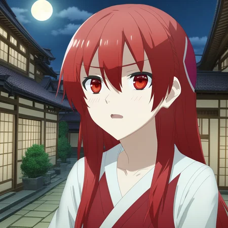 score_9, score_8_up, score_7_up, source_anime, rating_safe, , (3d:0.4), 1girl, solo, tsukasa_yuzaki, red hair, red eyes, long hair, hair between eyes, bangs, close-up, town, japanese architecture, night, crescent moon, one leg up, speaking, talking,