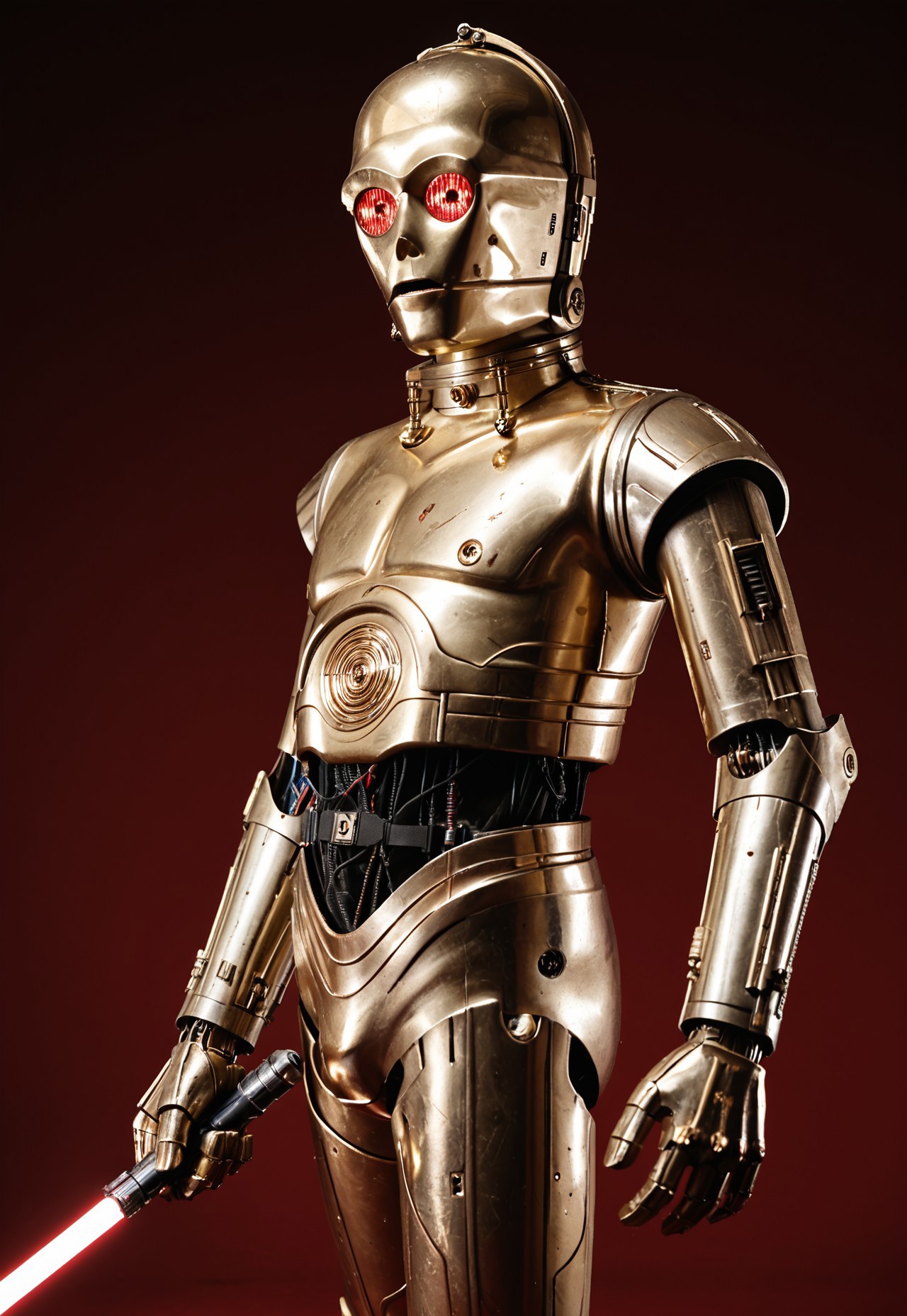 score_9_up, score_8_up, score_7_up, realism, 
1boy, c3po, android, robot male, golden metallic skin, red glowing eyes, black midriff with wiring, standing, arms raised, serious, angry, looking at viewer, standing, leaning in, wielding a lightsaber, holding a glowing red lightsaber, battle stance, legs apart, cowboy shot, close-up, upper body, side view,
indoor, in a photostudio, black walls, day time, best quality, dynamic pose, masterpiece, natural lighting, lots of details, high resolution, 8K, colorful, dynamic shot, red background, zzLightSaber,