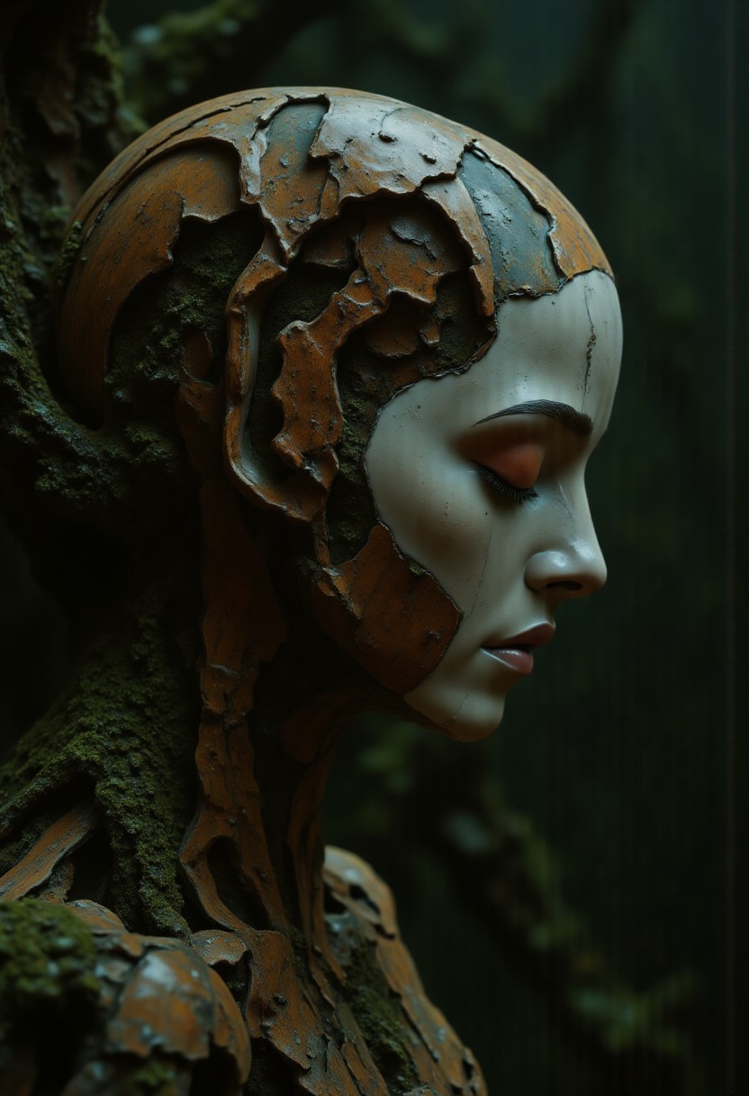 rootform, a Natural weathered old wooden womans face Installation with gentle eyes, her busty Body Made of intricate roots naturally grown in a dense Misty forest, moss, atmospheric lighting, detailed old wooden structure,