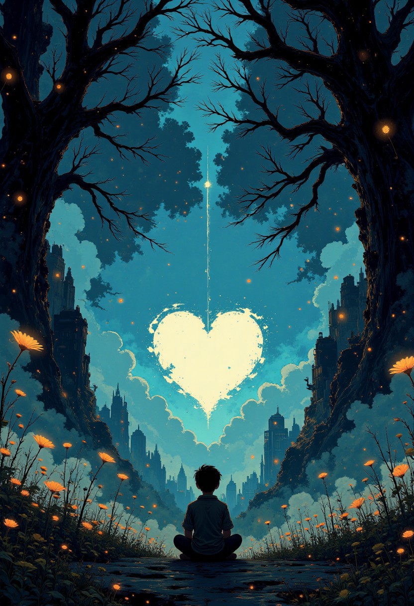An immense cavern stretches endlessly, its walls covered in bioluminescent fungi that emit a soft, melodic hum. In the center, a glowing crystal heart, the size of a mountain, beats rhythmically, sending pulses of light through the cavern. A boy with a body made of fragmented glass sits cross-legged in front of the heart, his shattered pieces slowly floating upward and merging into the crystal. Surrounding him, ghostly apparitions of his past selves argue over whether he should give himself entirely to the heart or keep what remains of his individuality. As he reaches his decision, the crystal heart cracks, and the cavern begins to collapse, transforming into an infinite labyrinth of light and shadow.