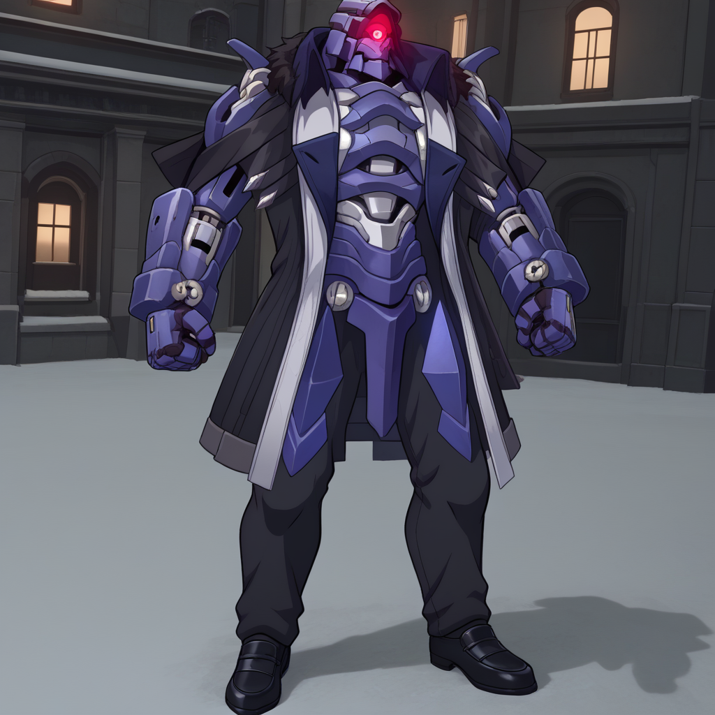 (absurdres), 1girl, HSRSvarog, no humans, 1boy, male focus, mecha, humanoid robot, glowing eye, red eyes, one-eyed, monoeye, BREAK black coat, black loafers, BREAK clenched fist, blizzard, snow storm, winter, full body, <lora:HSRSvarog_SDXL-000005:0.8>