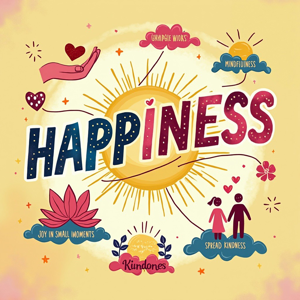 A warm and uplifting analograffiti centered around the theme of Happiness, with "HAPPINESS" written in a large, joyful, flowing script. Extending outward are gentle lines leading to various elements that embody happiness. "Gratitude" is depicted as an open hand holding a heart, surrounded by tiny sparkles, representing appreciation and kindness. "Mindfulness" features a lotus flower in full bloom, symbolizing being present and finding peace. "Joy in Small Moments" shows a collection of tiny, detailed icons like a cup of coffee, a butterfly, and a raindrop, illustrating everyday pleasures. "Positive Relationships" is illustrated with two interlocked hands surrounded by a soft glow. "Spreading Kindness" is represented by a small, smiling figure sharing a light with others around them. The entire artwork radiates warmth with bright, cheerful colors like yellows, pinks, and pastel blues, creating an atmosphere of contentment and pure joy.