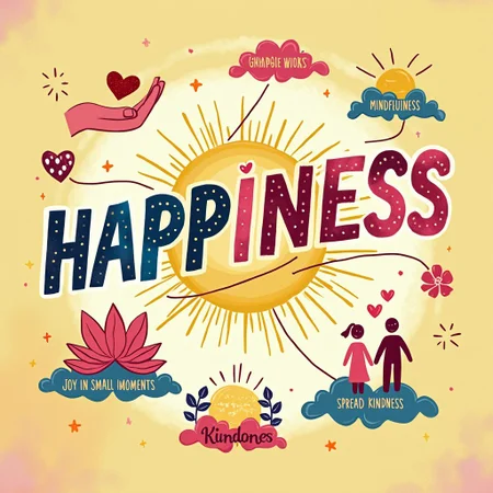 A warm and uplifting analograffiti centered around the theme of Happiness, with "HAPPINESS" written in a large, joyful, flowing script. Extending outward are gentle lines leading to various elements that embody happiness. "Gratitude" is depicted as an open hand holding a heart, surrounded by tiny sparkles, representing appreciation and kindness. "Mindfulness" features a lotus flower in full bloom, symbolizing being present and finding peace. "Joy in Small Moments" shows a collection of tiny, detailed icons like a cup of coffee, a butterfly, and a raindrop, illustrating everyday pleasures. "Positive Relationships" is illustrated with two interlocked hands surrounded by a soft glow. "Spreading Kindness" is represented by a small, smiling figure sharing a light with others around them. The entire artwork radiates warmth with bright, cheerful colors like yellows, pinks, and pastel blues, creating an atmosphere of contentment and pure joy.