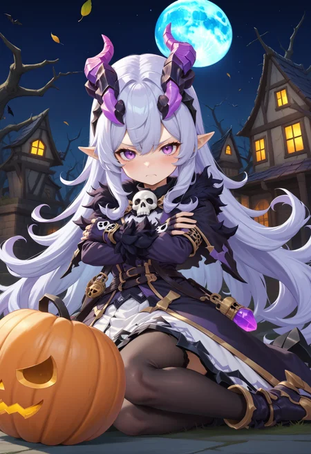 masterpiece, best quality, very aesthetic, absurdres, rom_hela_xl,
1girl, purple hair, horns, purple eyes, grumpy, skull, fingerless gloves,
sitting, crossed arms, haunted house, withered trees, bats, halloween bucket, pumpkin,
outdoors, moon, (wind, falling leaves, light particles:1.4), light rays, tyndall effect, vivid colors, tranquil and magical atmosphere,
shiny skin, beautiful face, beautiful eyes, extreme detailed, official art, professional illustration, hires,
<lora:rom_hela_xl:1>, <lora:aesthetic_anime_v1s:0.5>, <lora:add_details_xl:0.5>